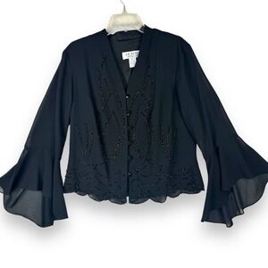 Y2K VTG JR Nites Size 14 Black Beaded Top Whimsigoth Sparkle Bell Sleeves Party